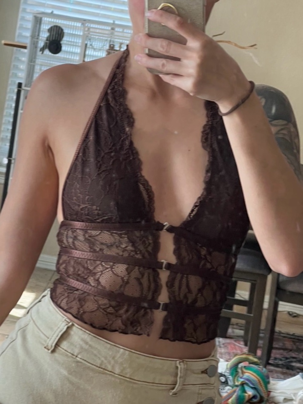 Brown Lace Halter Crop Top Like New